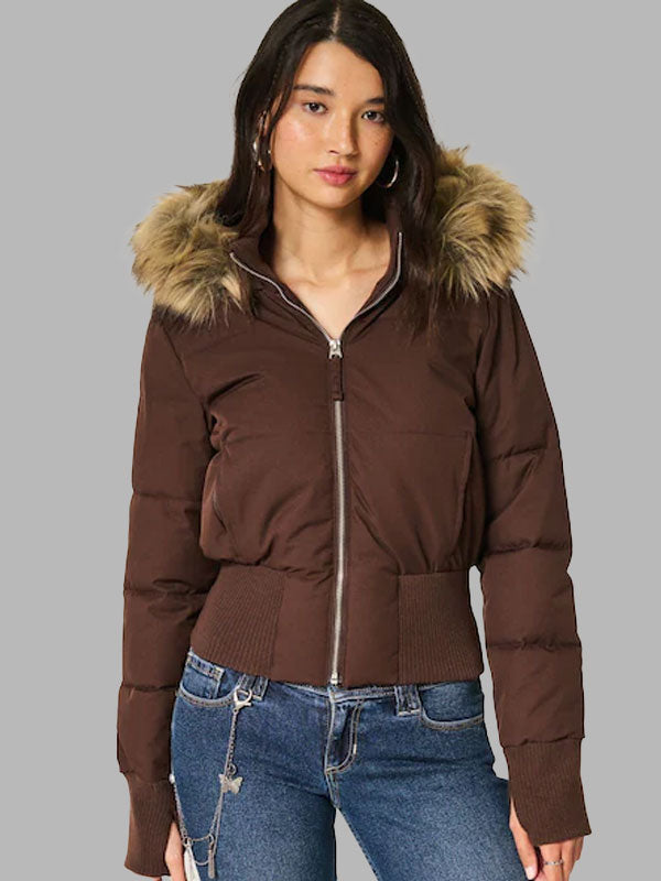 Georgia Brown Bomber Jacket With Faux Fur Hood