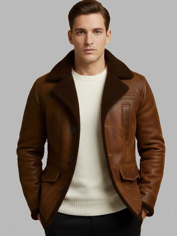 Men's Brown Shearling Vintage Style Genuine Sheepskin Leather Jacket